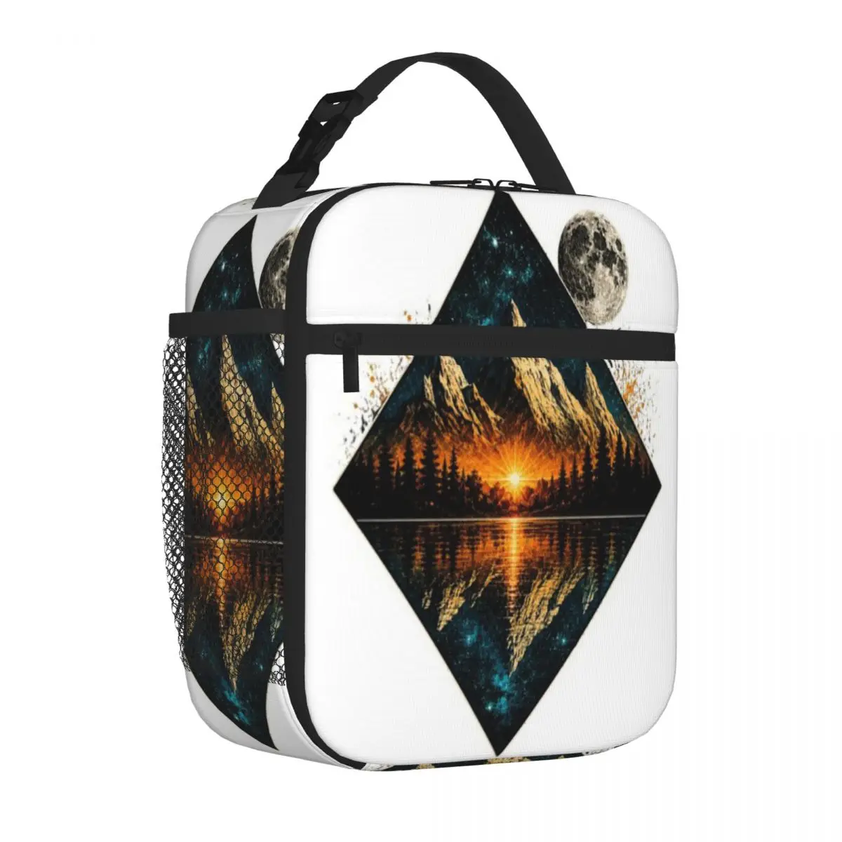 Hot Sale Moonlit Mountain Reflection Retro Nature Art Fruit Print Picnic Lunch Bag Overnight Trip Outdoor Lunch Bag