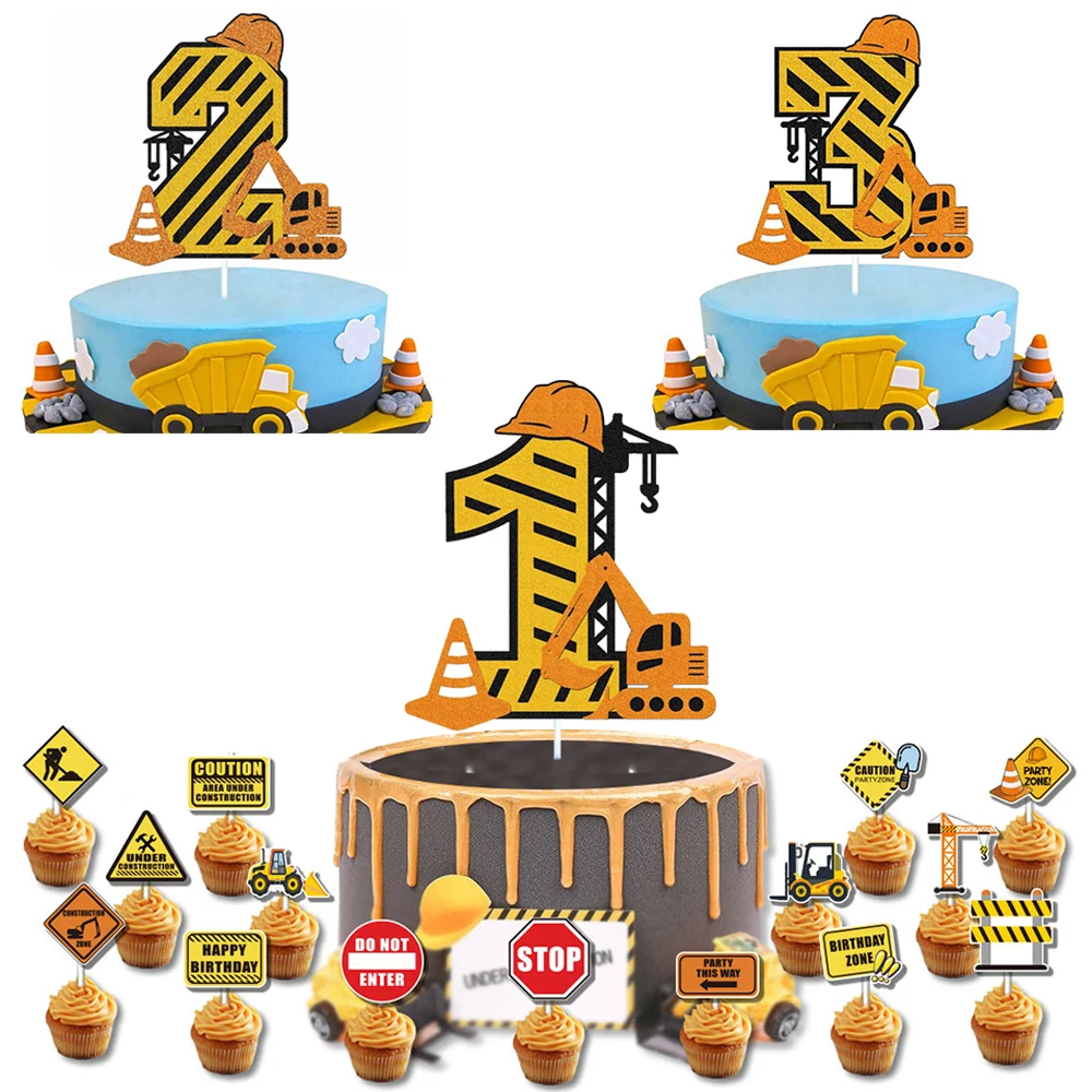 Construction Excavator 1 2 3 4th Birthday Cake Toppers Decor Digging Machine Vehicle Balloon Kids Boy Engineering Party Supplies