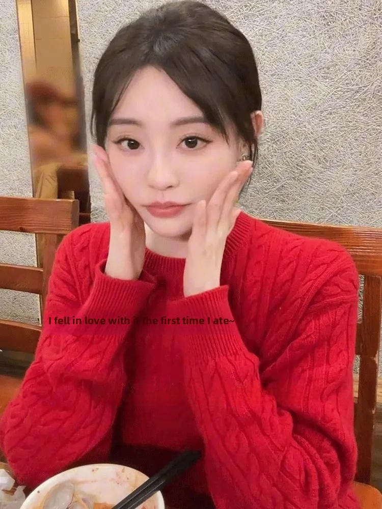 

Loose Knitted Red Yarn Sweater Women's round Ne Tassel Long Sve Top Comfortable Lazy Sle Faionable Spring Autumn