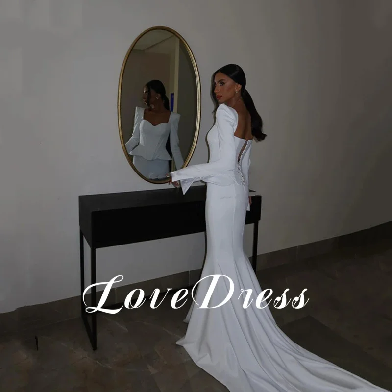 Lovefur s-Robe de Mariée Sirène en Satin, Simple, Plissée, Manches sulf, Sexy, Dos aux, à Lacets, avec Traîne de Balayage, Éducative