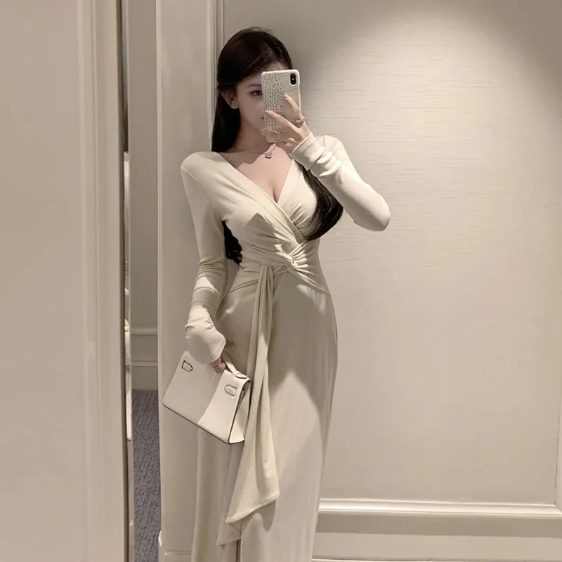 

Spring Autumn Solid Irregular Slim Dress for Women Korean Fashion Women Sexy Bodycon Robe French Elegant Split Maxi Dresses 2026