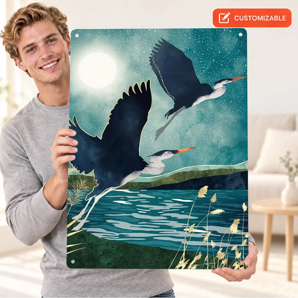 Evening Heron Textured Metal Poster Retro Bold Contemporary Illustration Man Cave Wall Art Personalized Aluminum Sign Fan Gift
