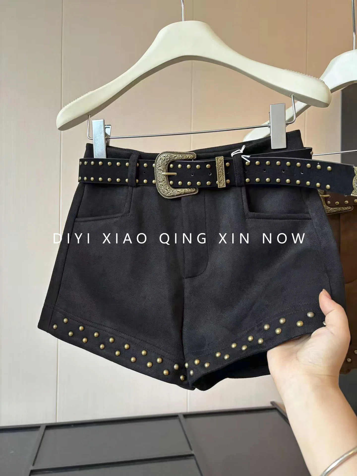 High Waist Short Pants Women's Design Sense Heavy Black Wide Leg Pants with Belt Suede Boot Pants Korean Style Commute Wind