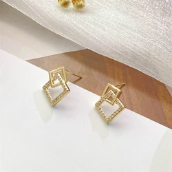 Double-layers Square Stud Earrings for Women Crystal Gold Color Metal Geometric Hollow Rhombus Small Unusual Earrings brincos