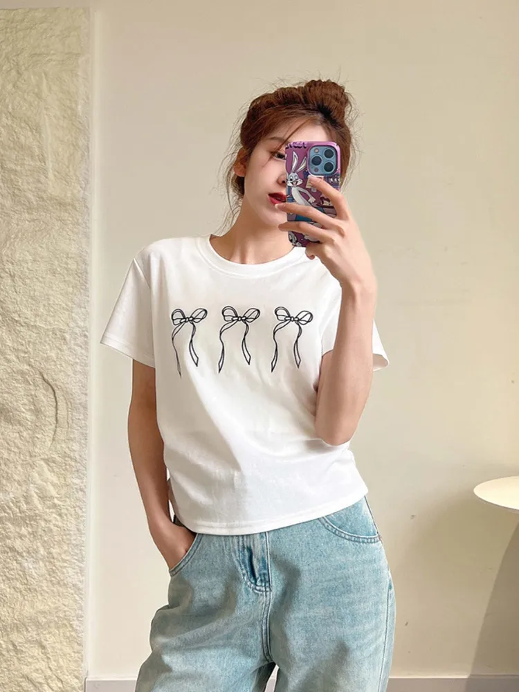 Stile coreano Chic Summer New Bow Print Casual Versatile T-shirt a maniche corte Top donna girocollo magliette grafiche