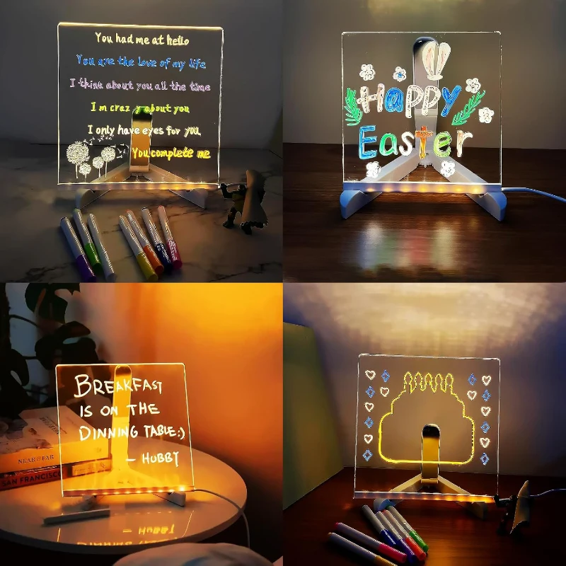 LED Drawing Board with Light, USB Powered Erasable 7 Color Message Note Board for Kids with Markers & Stand, Birthday Gift