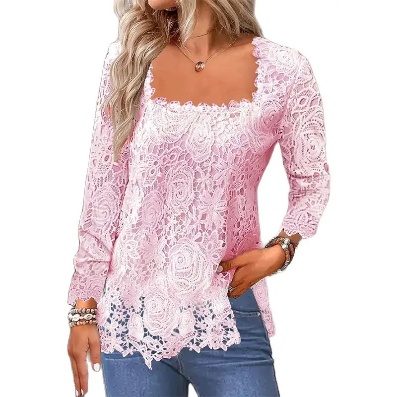 Women Square Neck Lace Shirt Autumn Winter Comfortable Casual Commuter Pullover Blouse Elegant Female Solid Color Bottoming Tops