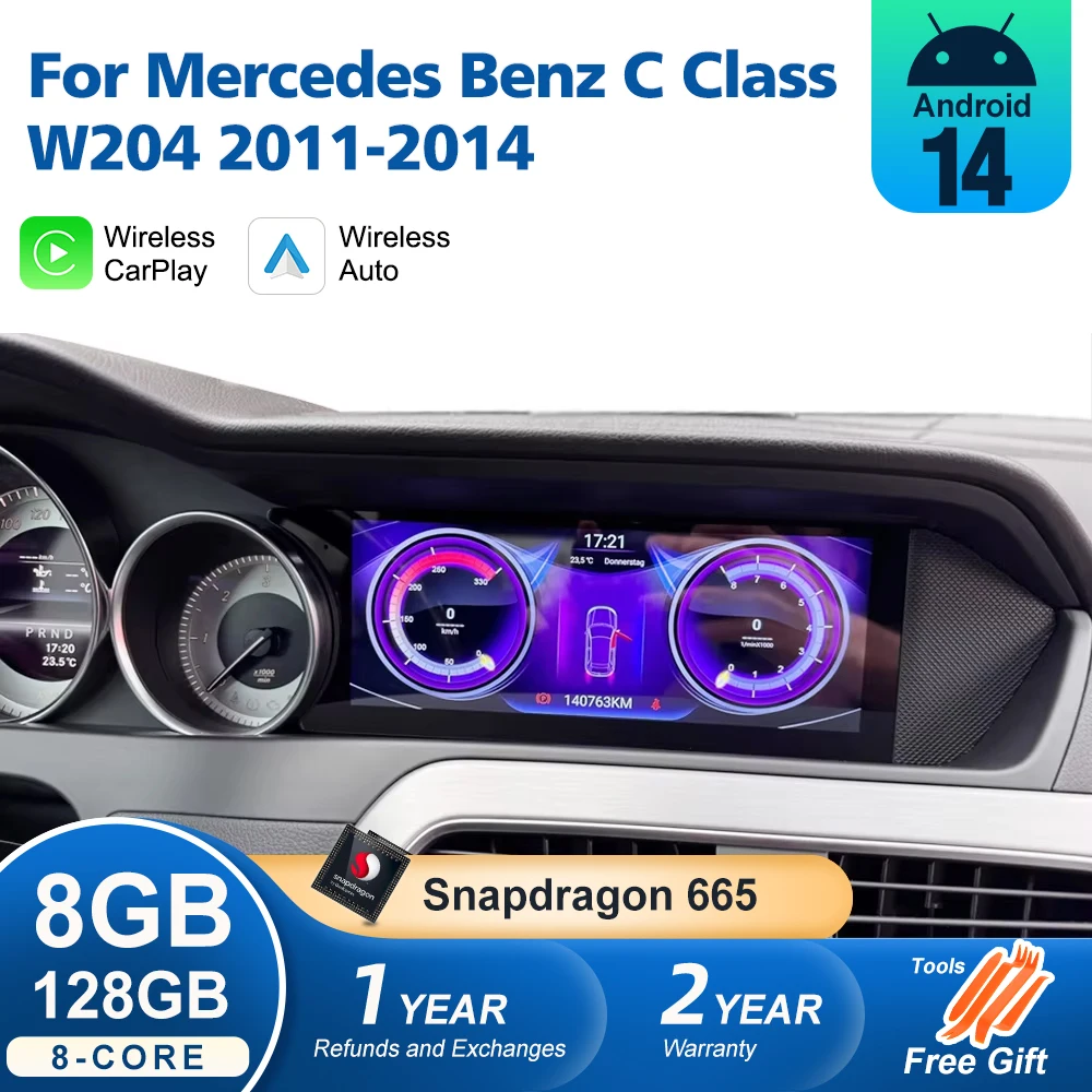 Radio Auto Android 14 con Carplay para Mercedes Clase C W204, Reproductor Multimedia para Auto, Pantalla, Bluetooth, WIFI, SIM, Estéreo, GPS, Navegador
