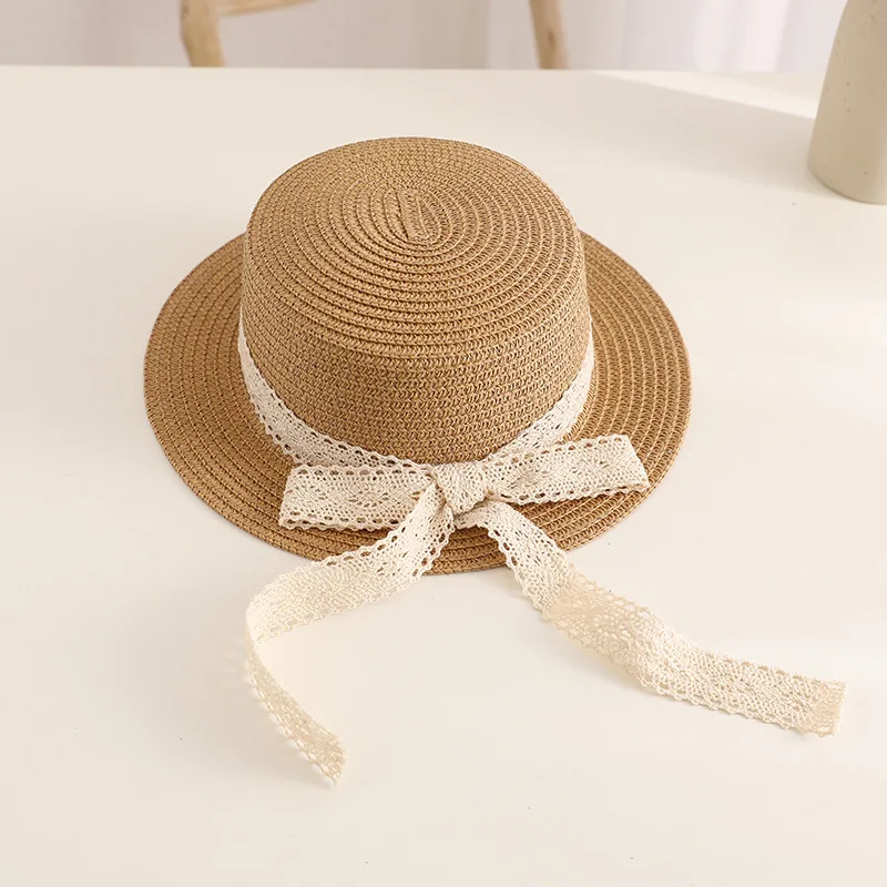 Cute Bow Lace Girls Straw Hat Spring Summer Breathable Sunshade Kids Sun Hat Outdoor Travel UV Protection Children Panama Cap