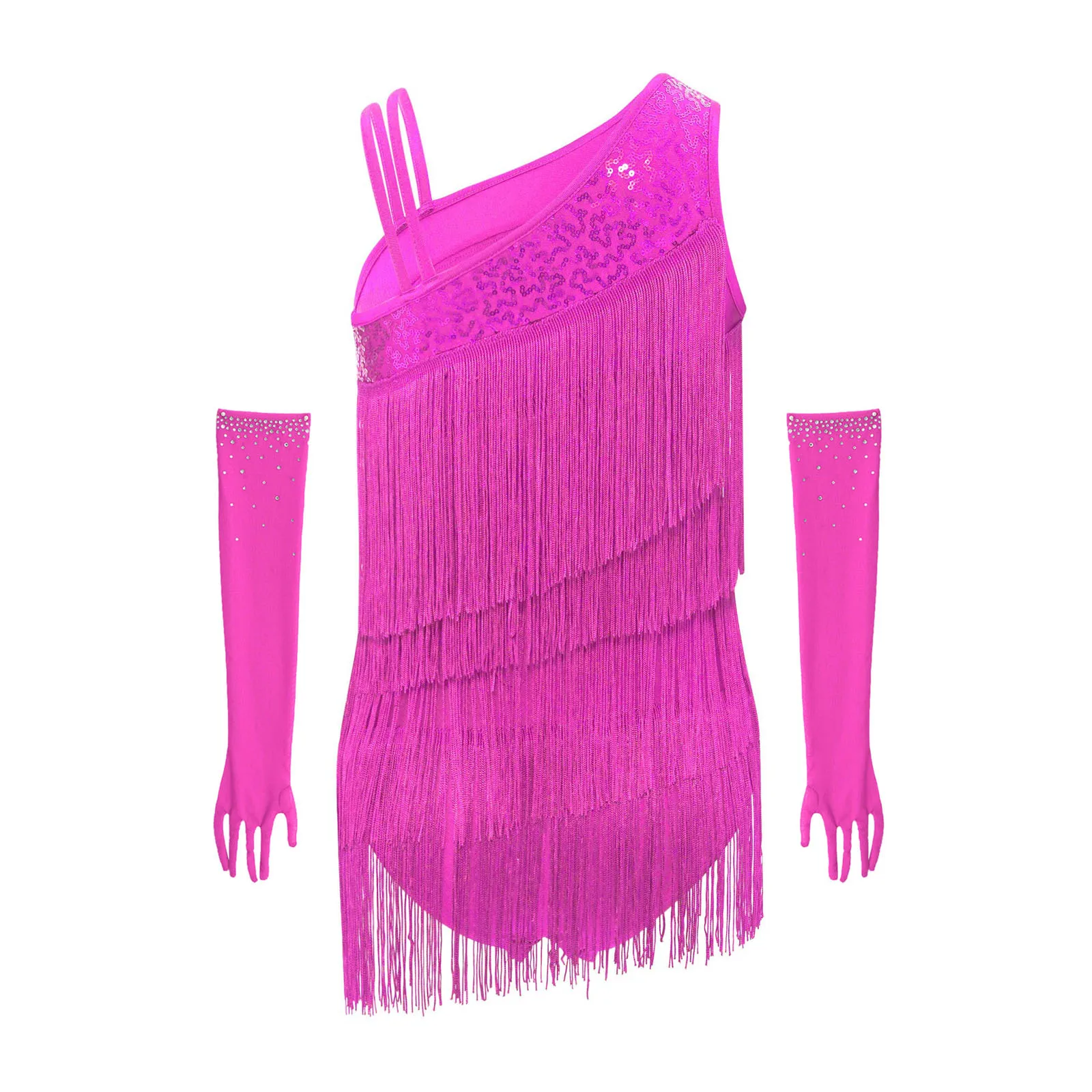 女の子ラテンダンス衣装セット スパンコールタッセルとラインストーンレオタード 手袋付き 社交競技用 ステージパフォーマンス用