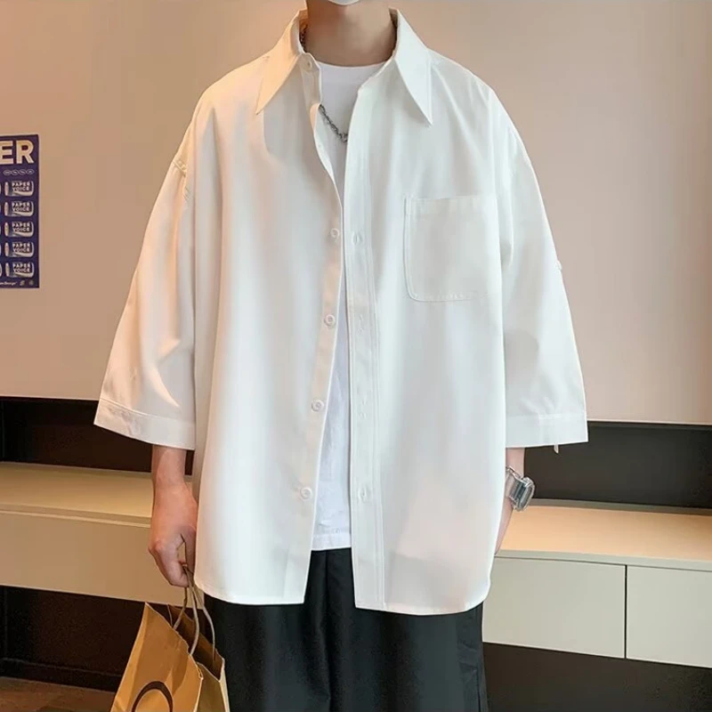

Мужская рубашка с короткими рукавами, модная летняя повседневная рубашка из ледяного шелка, легкая, устойчивая к морщинам, однотонная рубашка