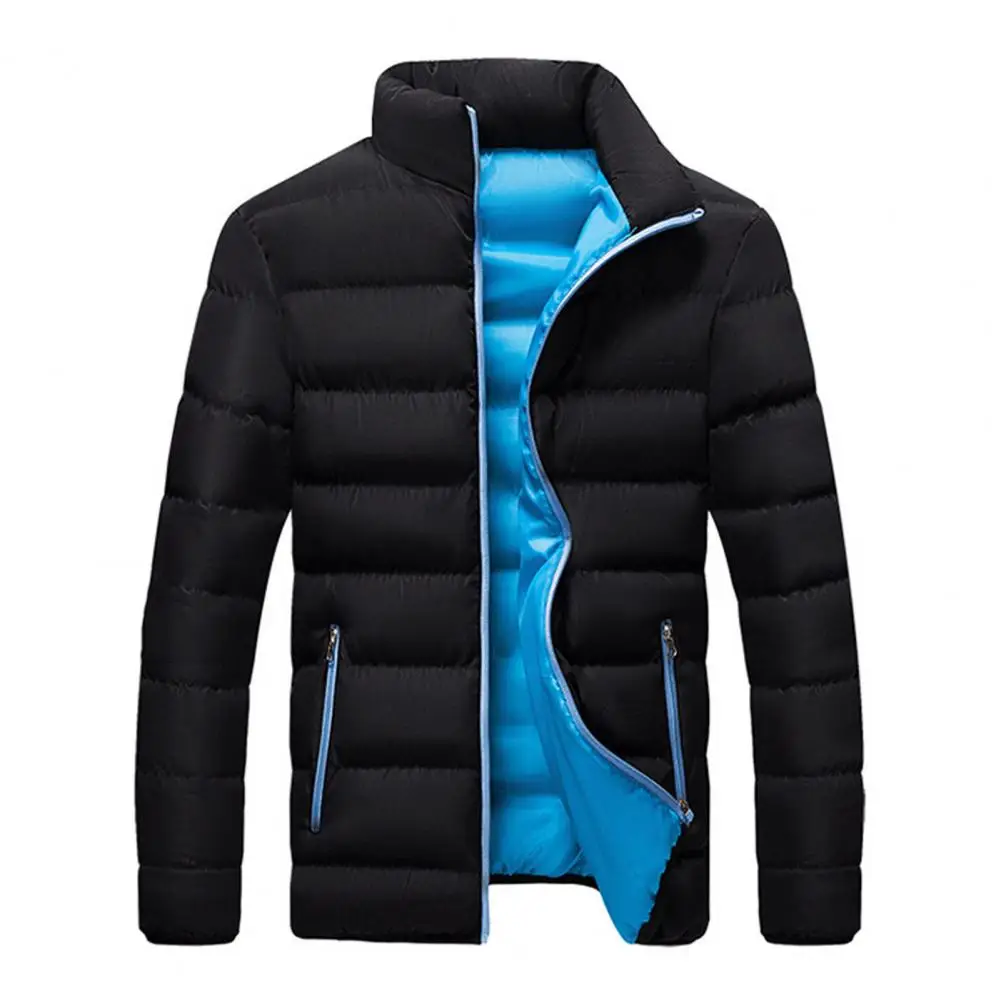 Men Cotton Jacket Stand Collar Men Coat Warm Contrast Color Men's Cotton Jacket with Stand Collar Zipper Pocket Loose Fit Autumn