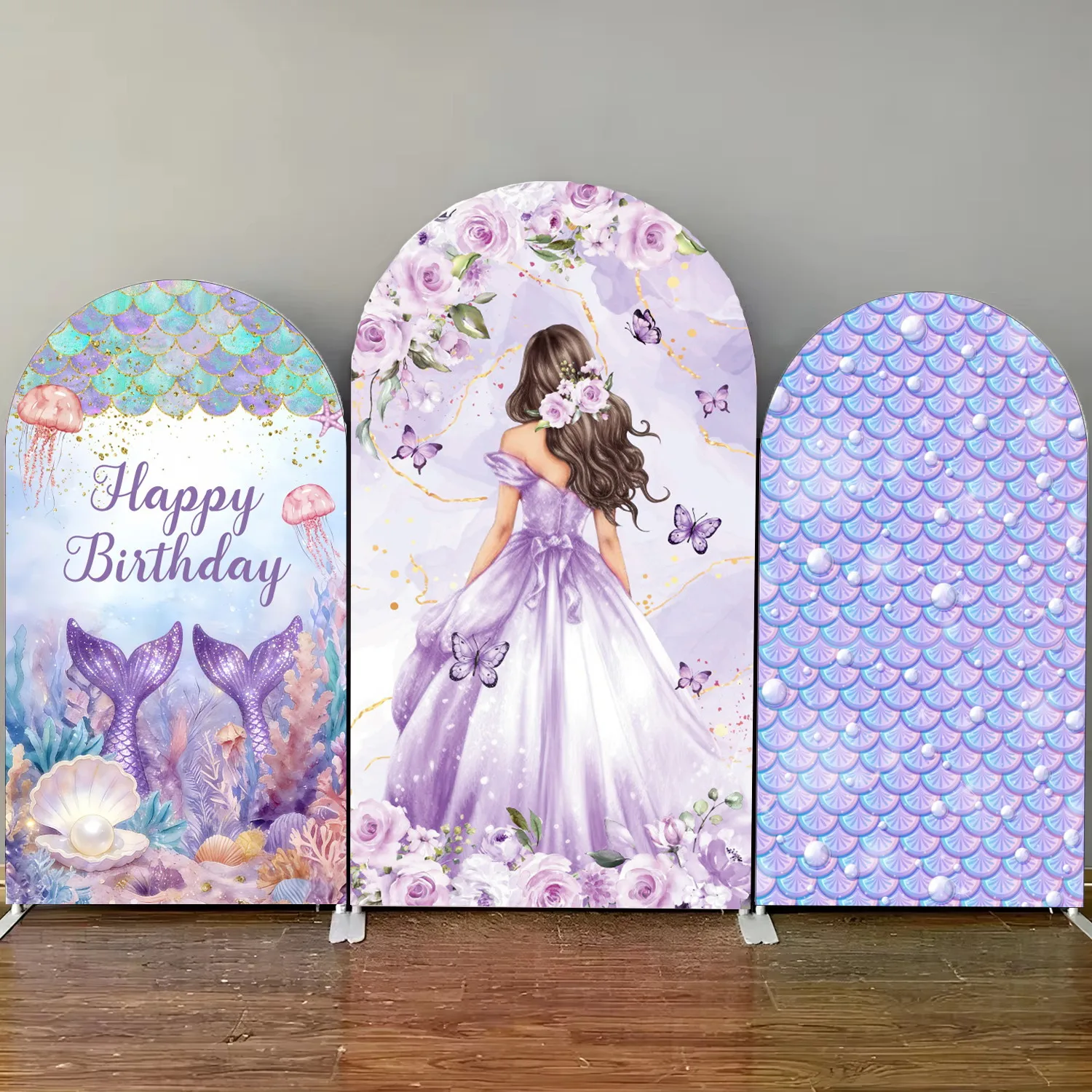 Purple Mermaid Gilrs Birthday Arch Backdrop Cover Flowers Fish Scale Tail Princess Portrait Arched Background Arch Stand Covers