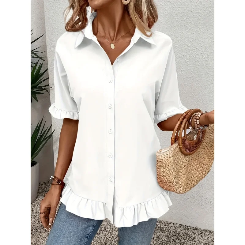 

Women'S Solid Color Short-Sleeve Shirt with Ruffles
