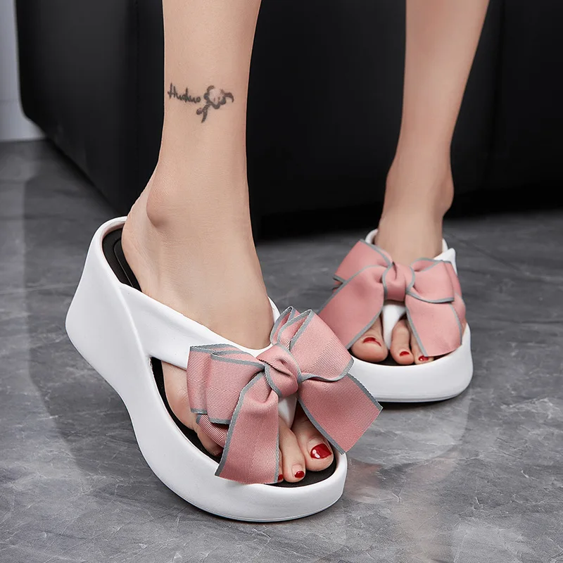 Fashion Bowknot Wedge Flip Flops Women Super High Heels Thick Bottom Eva Slippers Woman Summer Clip Toe Chunky Platform Sandals