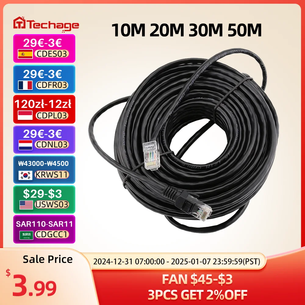 Techage-Cable de red Ethernet Cat5 opcional para exteriores, Cable Lan de red CCTV para cámaras IP de sistema, impermeable, 10M, 20M, 30M, 50M