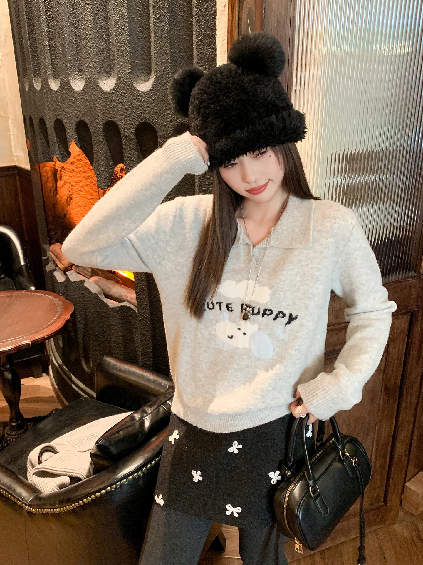 

Zeng Xiao Salt Women's Knitted Sweater Set with Collar Long Sve Autumn Winter Warm Faion Casual Sle Bearing Heat