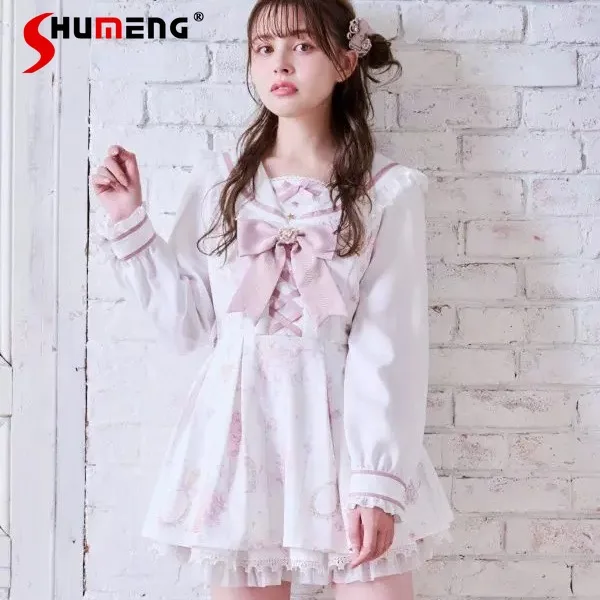 

2025 комплектов платьев Liz, японский шахтный женский матросский воротник, милое платье с бантом и длинными рукавами с принтом и шорты, костюм из 2 предметов, новая осень