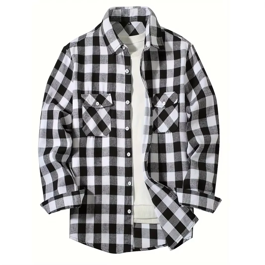 

T599 Classic Plaid Smart Casual Flannel Shirt Long Sleeved Chest Two Pockets Design Spring Autumn Men Top