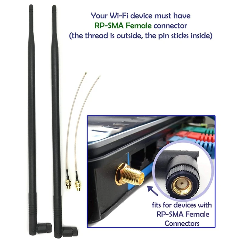 Set Of 2 Omni-Directional Wi-Fi Long Range Dual Band 9 Dbi Antenna 2.4/5Ghz 802.11N/B/G And 2 RF Female Pigtail Antenna