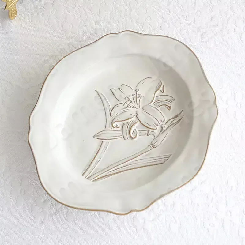 Vintage Style Dinner Plate Tulip Relief Ceramic Plates Steak Pasta Dishes Cake Dessert Salad Tableware Set Household Use Plates