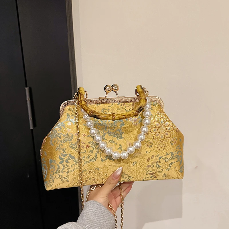 Bamboo Handle Tote Ethnic Style Women's Bag Jacquard Embroidery Handbag Elegant Lady Clutch Bag Chain Shoulder Crossbody Bag