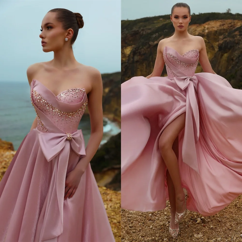 사용자 정의 럭셔리 핑크 새틴 이브닝 드레스 절묘한 Strapless 민소매 댄스 파티 드레스 기질 특별 행사 가운