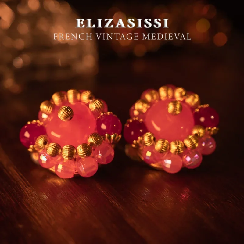 

Fashion medieval vintage retro handmade pink flower woven electroplating 24 temperament sweet wind earrings