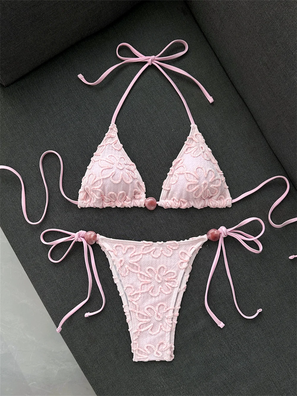 Sexy Velvet Flowers Bikini Set Kawaii Pink Y2k String Swimwear Backless Halter Bathing Suit Women Vacation Outfit Beach Swimsuit