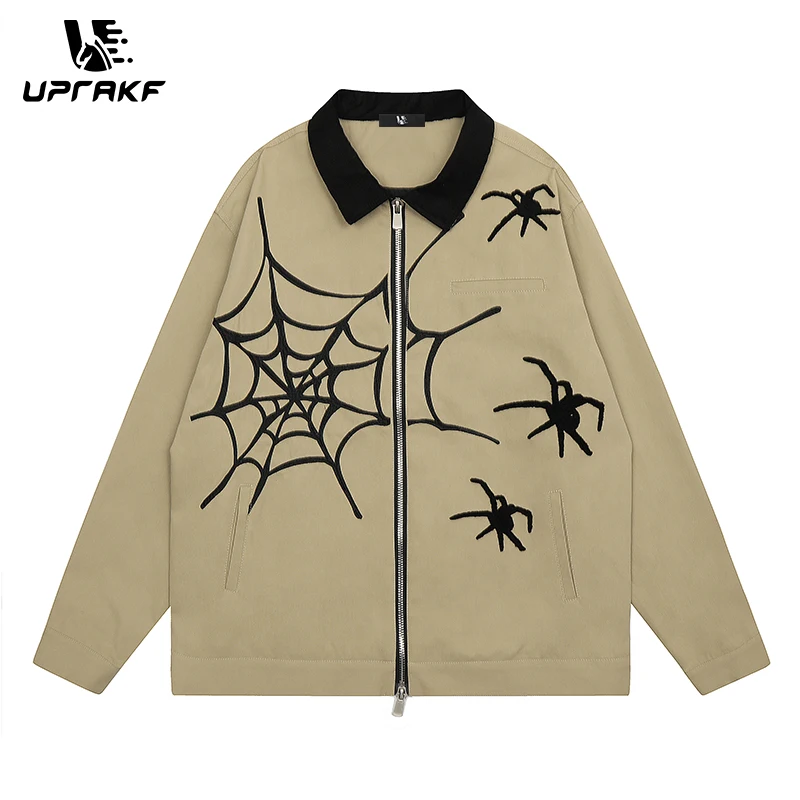 

UPRAKF Zipper Outwear Lapel Long Sleeve Black Spider Web Print Loose Oversize Autumn Fashion Zip Up Coat High Quality Casual