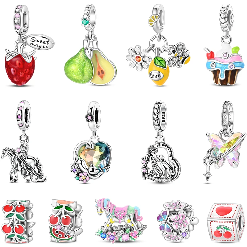 

100% 925 Sterling Silver Wedding Dress Flower Strawberry Snow Pear Watermelon Sweet 3mm Charms Beads Pendants DIY Fine Jewelry