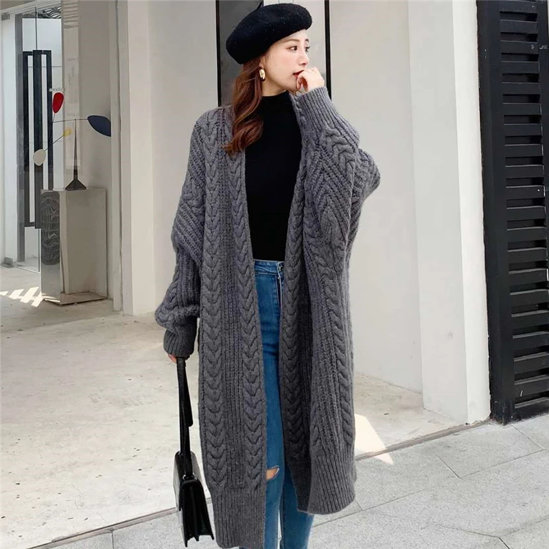 Warm Thick Long Knitwear Jackets Oversized 80kg Winter Fall Women Elegant Sweaters Korean Loose Coats Woman New Knitted Cardigan