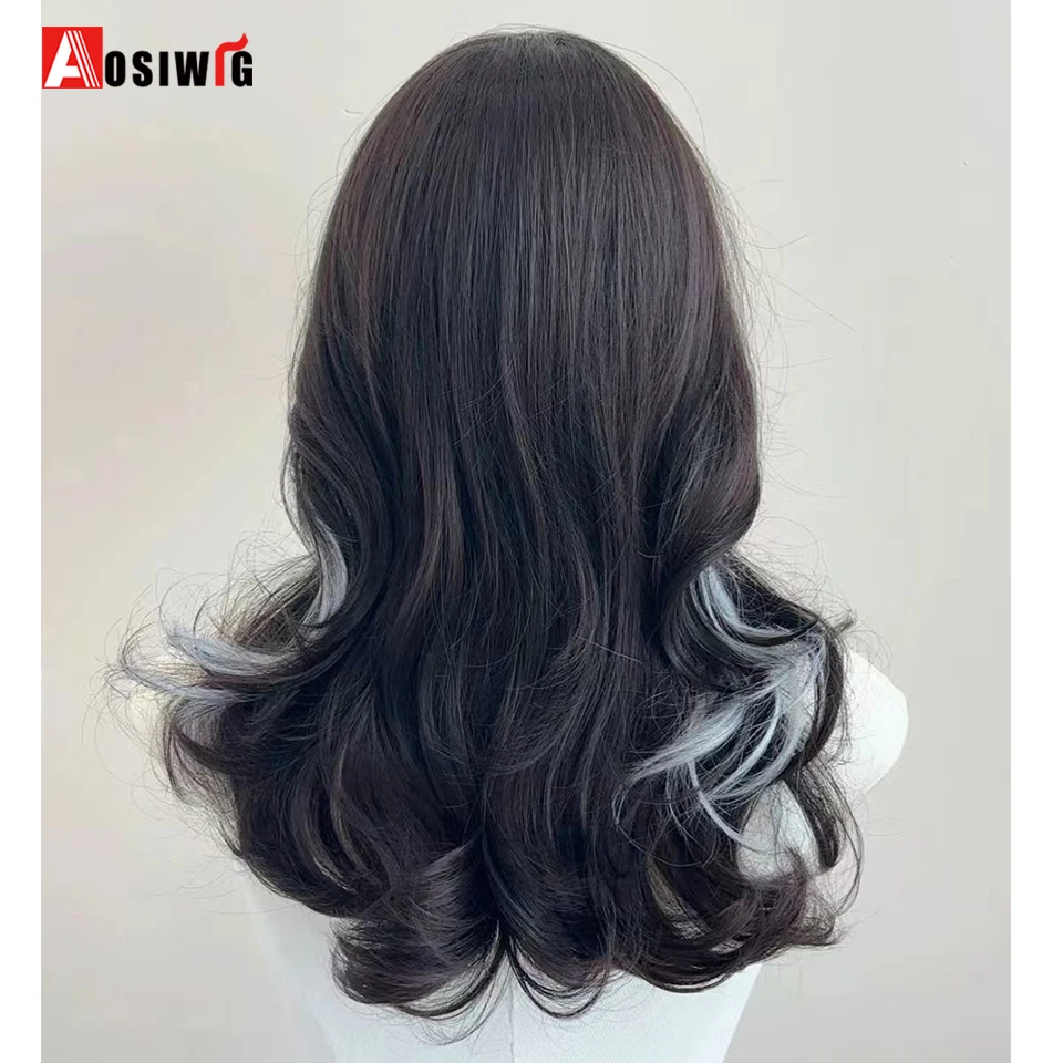 AOSI Ombre Synthetic Long  Wavy Black Prominent Blue Hair Wig Party Wigs for Women Cosplay Lolita Wig For Daily Use