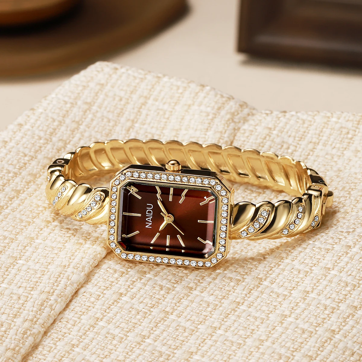 Luxury Women's Rectangular Watch Rhinestone Bezel Twisted Rope Link Bracelet Gold Silver Analog Wristwatch Jewelry Gift