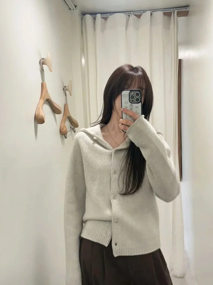 

Sle Lazy Faion Single Button Knitted Hat Sweater Cardigan Simple Vintage Winter Warm Long Sve Women's Knitwear