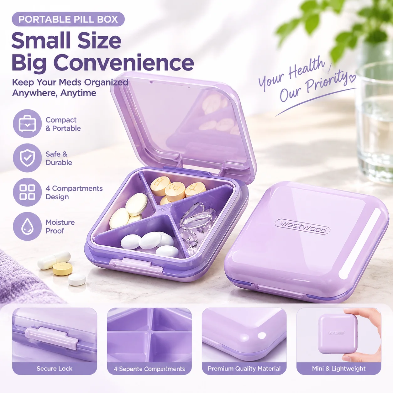 Mini Pill Organizer 4-Compartment Airtight Moisture-Proof Portable Medicine Case Pocket Vitamin Supplement Storage Box