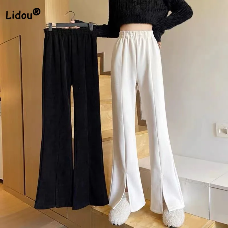 

Casual Women's All-match Split Fork Straight Trousers Female Clothing Elastic High Waist Solid Wide Leg Pants Autumn Winter