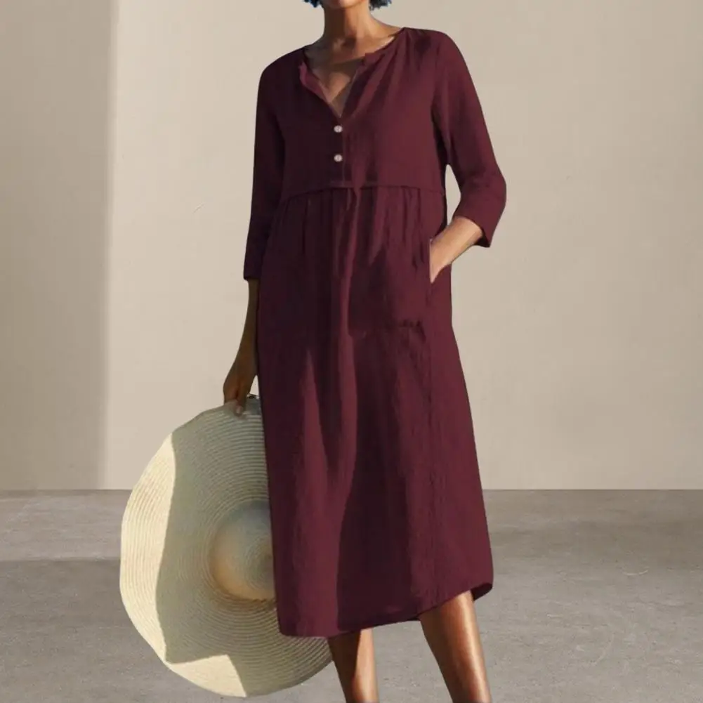 

Solid Color Dress Round Neck Dress Stylish Summer Midi Dress Loose Fit Half Sleeves Button Details Convenient Pockets for Women