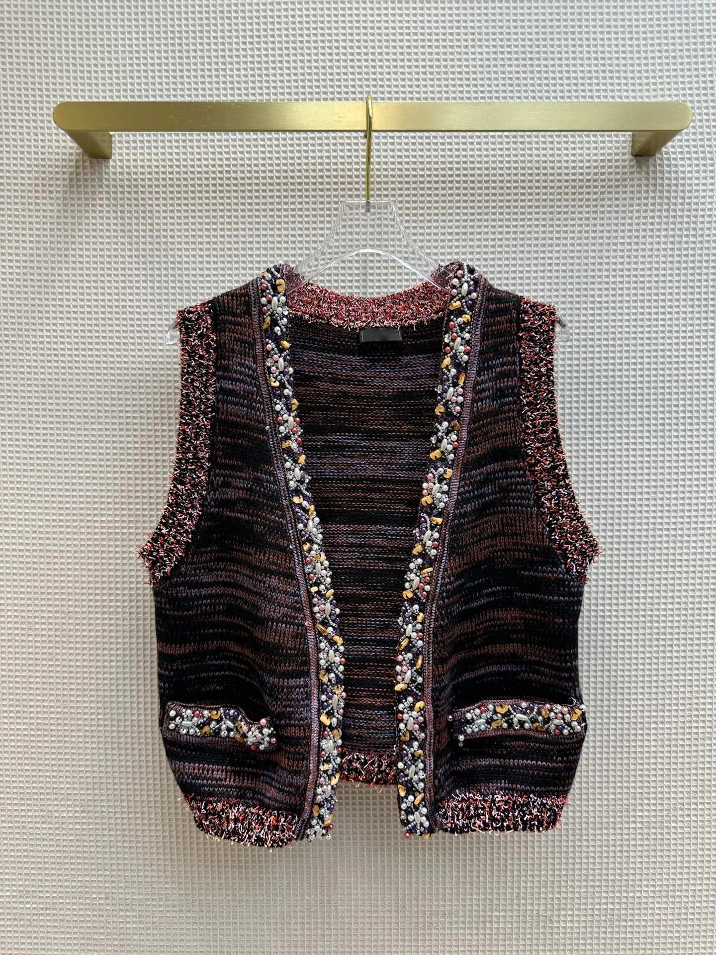 Women's Clothing tweed vest hand-woven craft neckline heavy industry nail bead retro V-neck designAutumn Winter New  NO.7