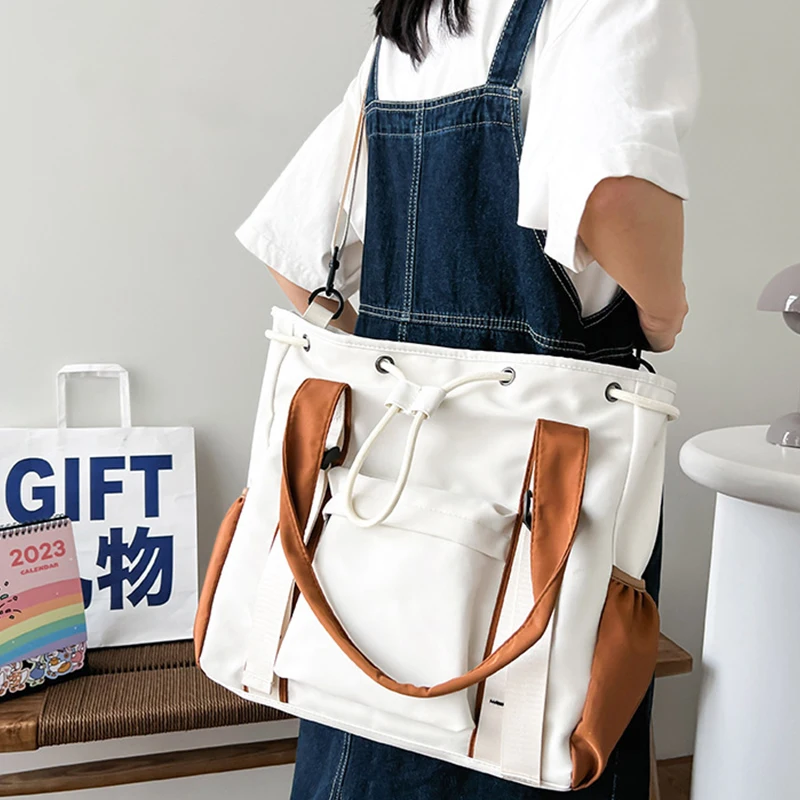 2024New Fashion Shoulder Bag Nylon Women Crossbody Bag Big Capacity Multi-Pocket Drawstring Tote Bag Casual Student Book Handbag