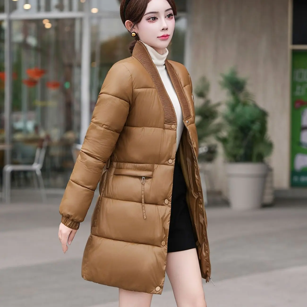 冬のファッションウエストコットンコート女性2025ミッドロングパファーコートジッパーポケットオーバーコートパーカー女性ダウンコットンジャケット