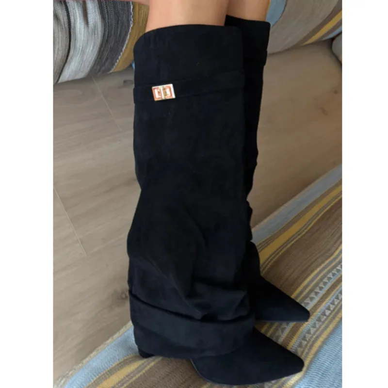 

Black Suede Knee High Women's Boots Chunky Heels Pointed Toe Trouser Boots