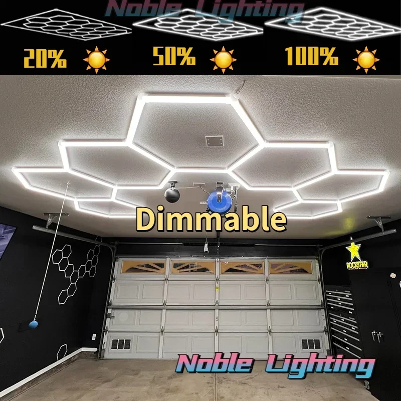 

Dimmable Customized Anti-Glare Hexagon Garage Lighting Hive Design Bright Adjust Honeycomb Lamp for Barbershop Car Workshop