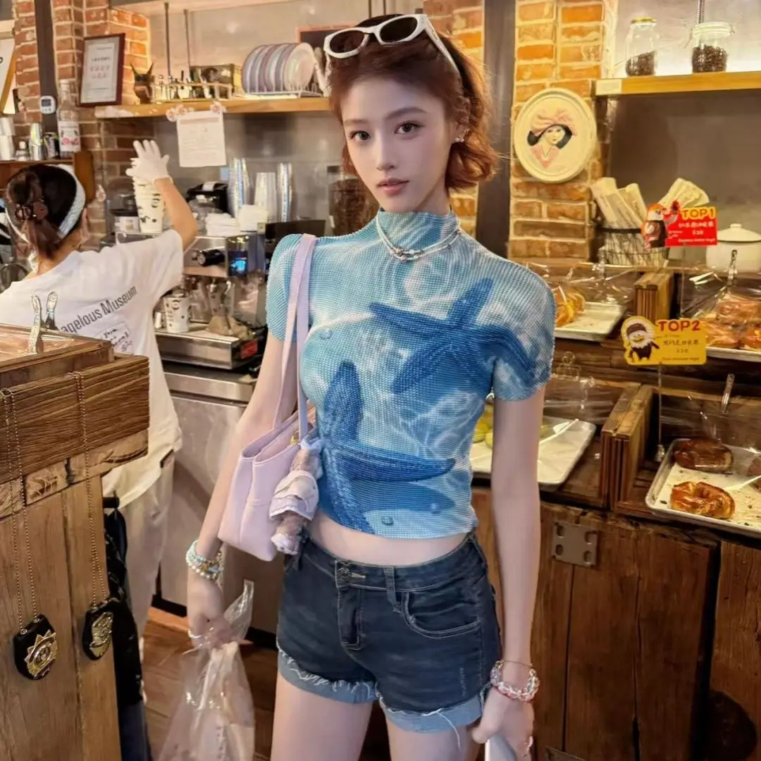 

Onalippa Wrinkle Print Shoulder Sleeved T-shirt American Summer Niche Spicy Girl Slim Fit Slimming Design Short Top New Style
