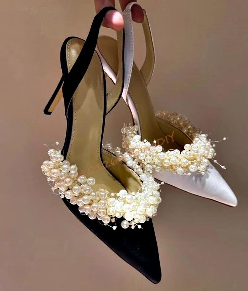 

Pearls Stiletto Heels Floating Pearly Satin Slingback Pumps Women's High Heel Dress Shoes Women Bride Pointed Shoes High Heels