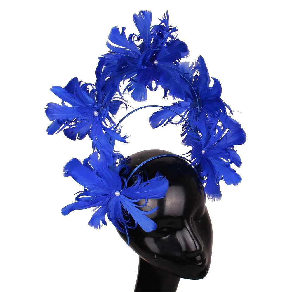 Feather Flower Women Headdress Small Top Hat Fancy Hair Hoop Imitation Pearl Hair Headpieces Millinery