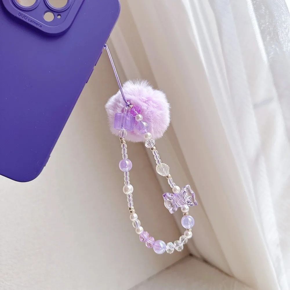

Kawaii Hair Ball Beaded Phone Straps Sweet Girl Hanging Cord Mobile Phone Chain Bead Chain Ins Cellphone Pendant Girls Women