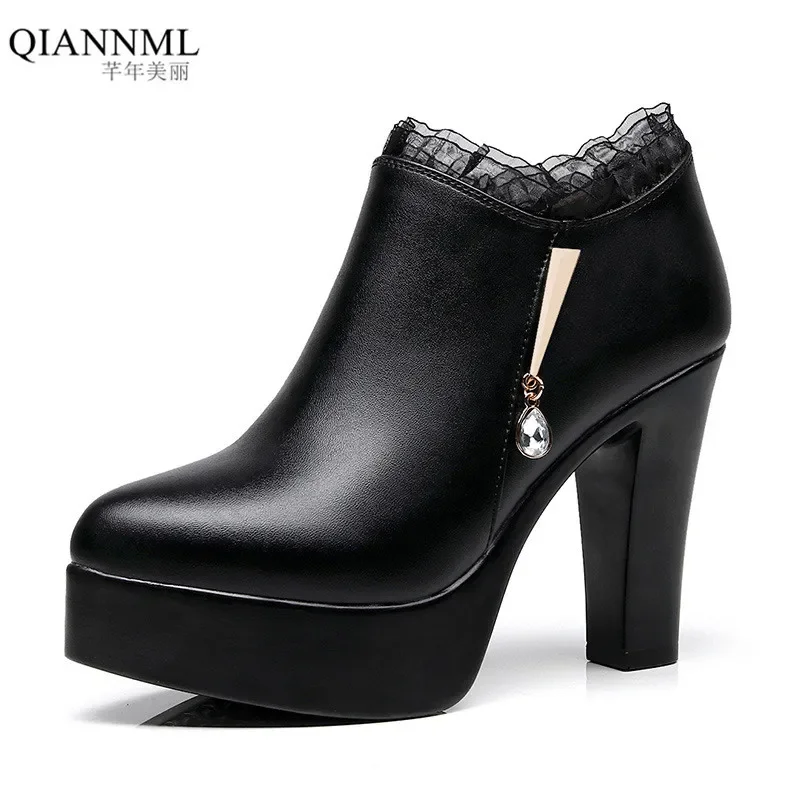 8cm 11cm Small Size 32-43 Elegant Lace Deep Mouth Block High Heels Pumps with Fur 2023 Womens Platform Shoes Office Model Mom