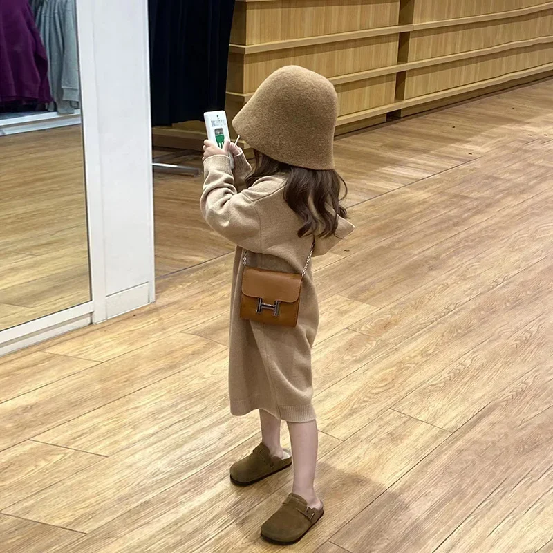 Children Clothing 2024 Autumn Winter Girls Knit Dress Korea Style New Fashionable Casual Loose Hooded Sweater Dress for Girls