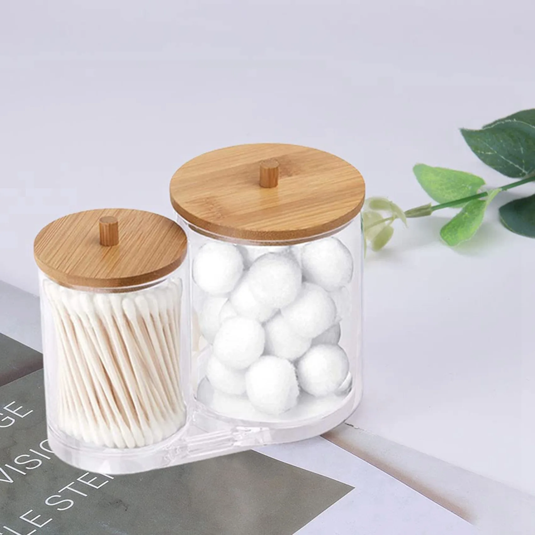 BHTS-2X Cotton Swab Pads Holder With Bamboo Lids, Acrylic Qtip Holder Cotton Buds Ball Dispenser Cotton Round Pad